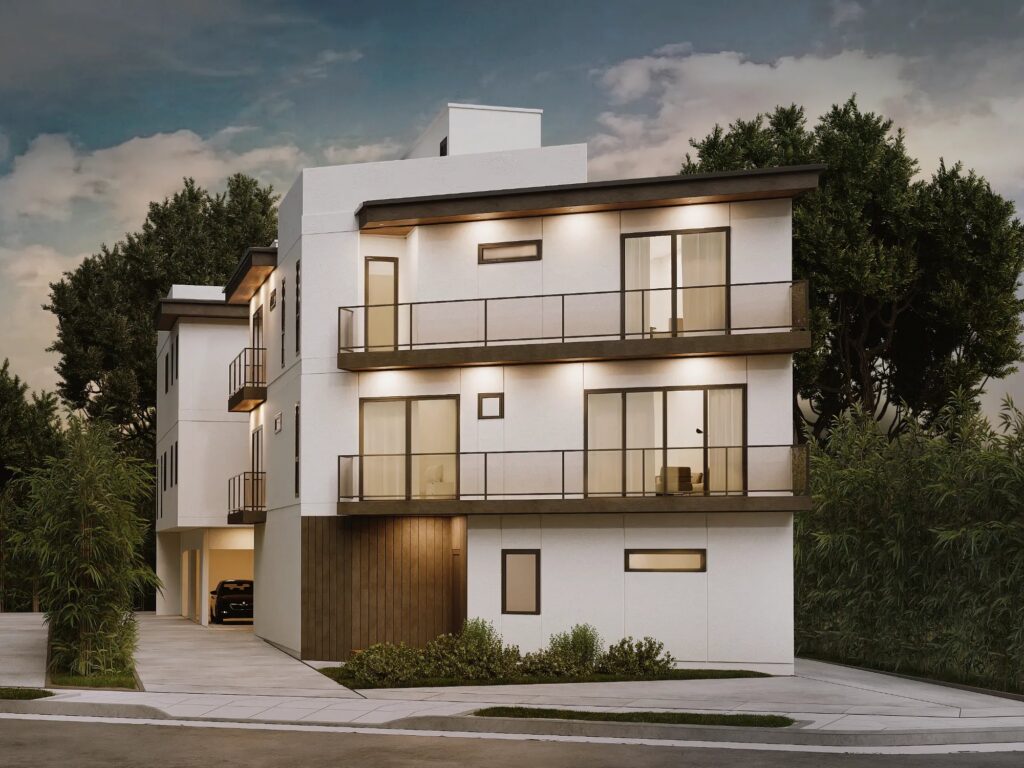 Architectural rendering of the planned townhomes at 257 S. Park View Street, Los Angeles