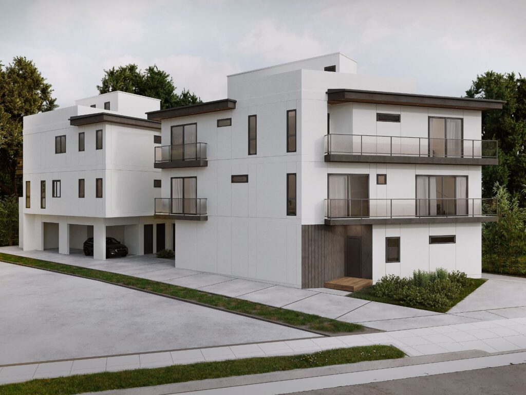 Architectural rendering of the planned townhomes at 257 S. Park View Street, Los Angeles, aerial view showing the driveway and garage parking