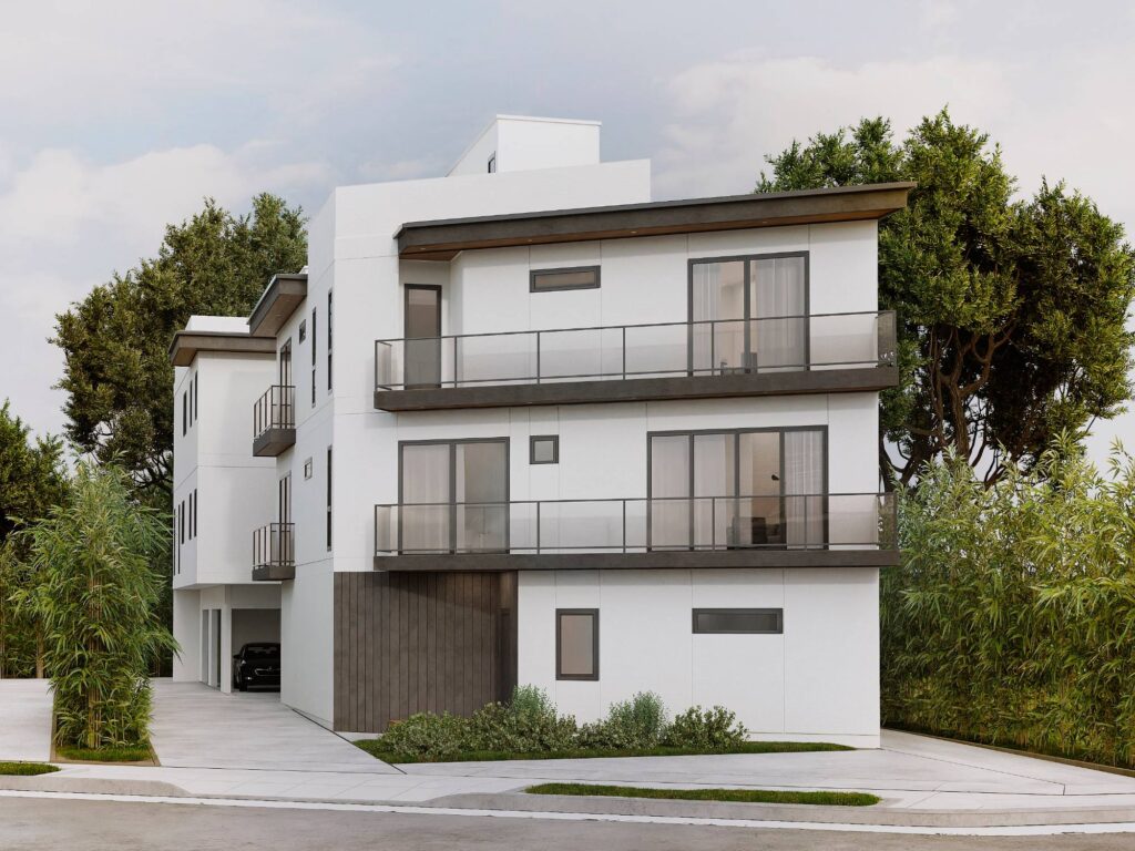 Architectural rendering of the planned townhomes at 257 S. Park View Street, Los Angeles, street view showing the balconies and entry