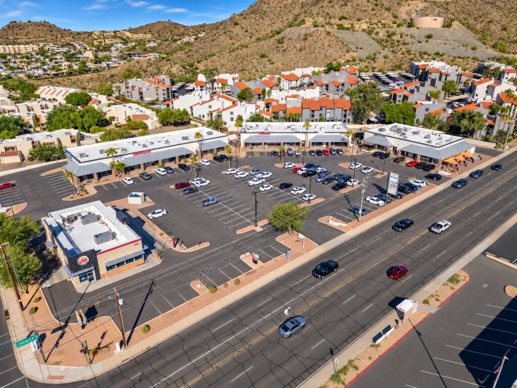 Aerial view of Mountain View Plaza, a multi-tenant retail center at 7th Street and Mountain View Boulevard in Phoenix, Arizona