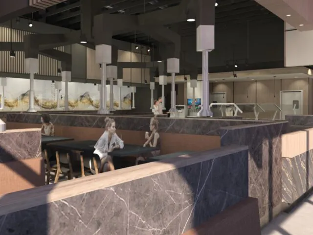 Rendering of the dining room at SURA KBBQ, an all-you-can-eat Korean barbecue restaurant at The Mix at Millenia in Otay Ranch, Chula Vista